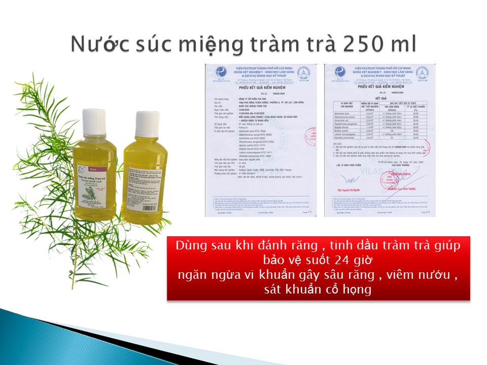 Nước Súc Miệng Tràm Trà 250 ml  Dùng sau khi đánh răng , tinh dầu tràm trà giúp bảo vệ suốt 24 giờ  Ngăn ngừa vi khuẩn gây sâu răng , viêm nướu , Sát khuẩn cổ họng 