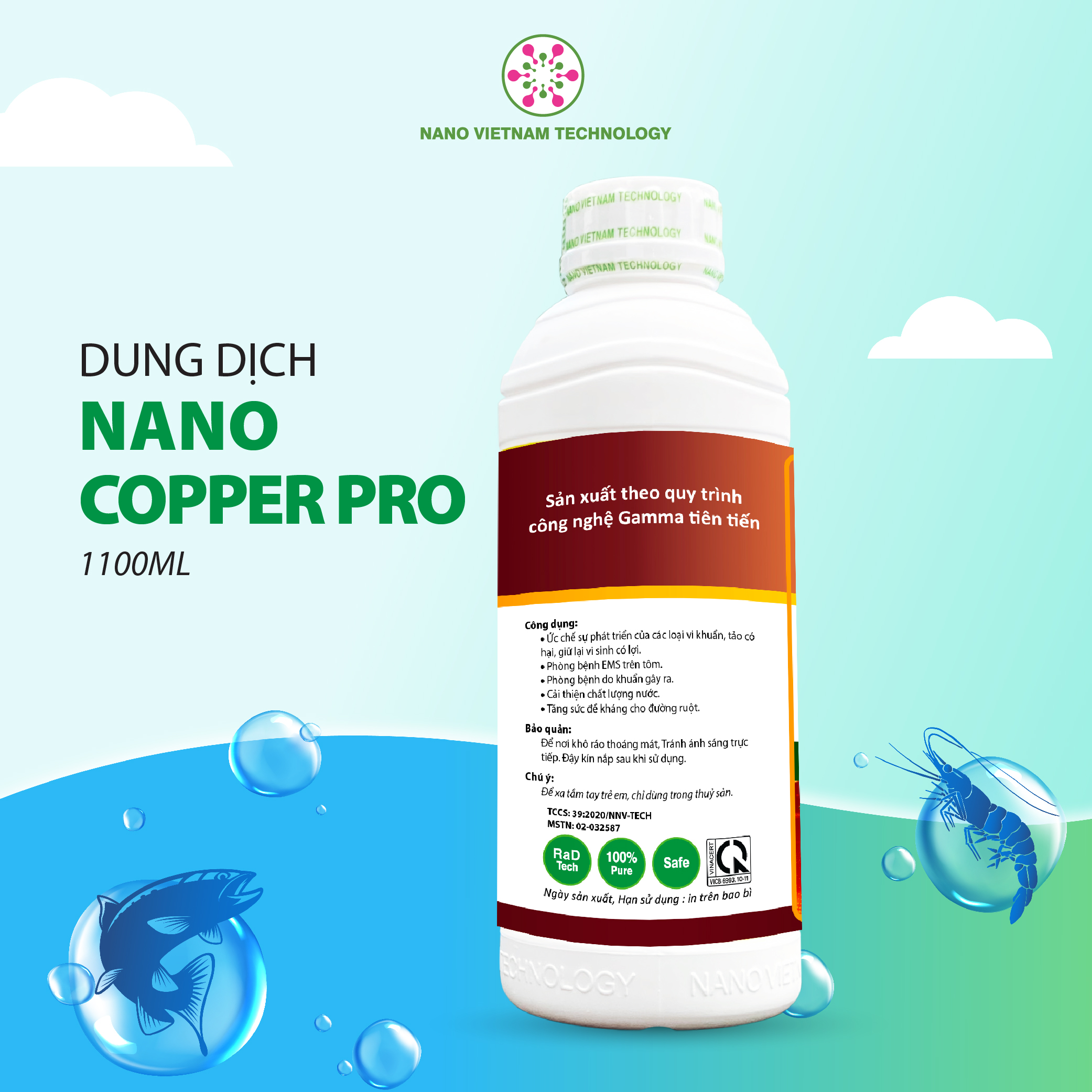 Nano Copper Pro VN Tech hỗ trợ xử lý vi khuẩn, nấm, tảo độc, ký sinh trùng cho thủy sinh 1000ML