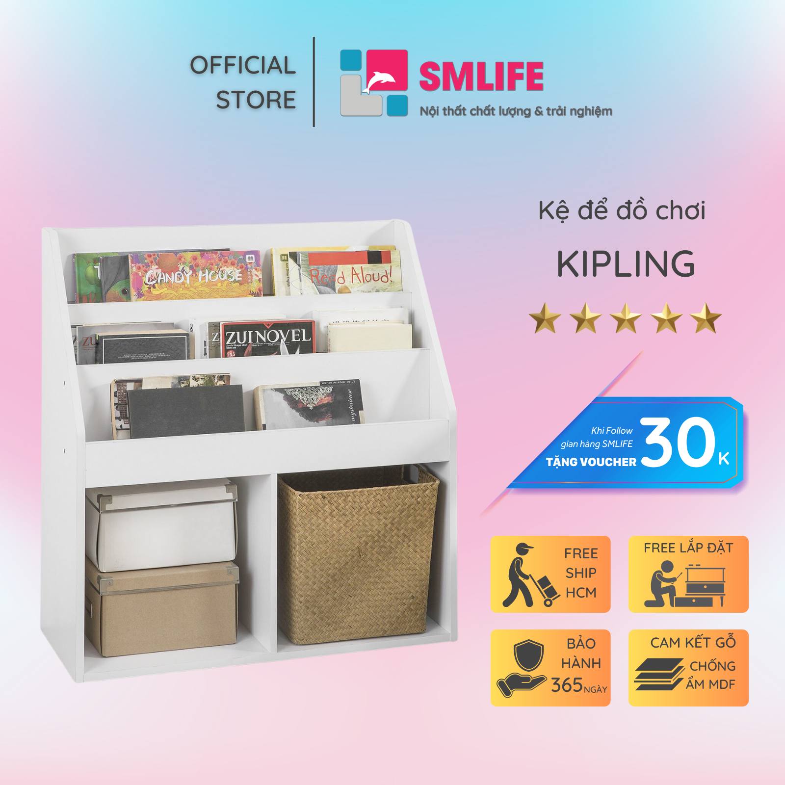 Kệ để đồ chơi cho bé SMLIFE Kipling | Gỗ MDF dày 17mm chống ẩm | D73xR30xC80cm