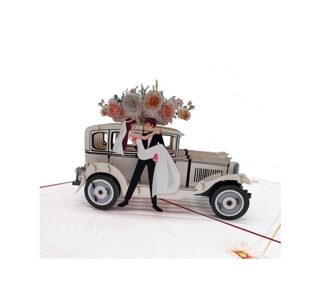 Thiệp 3D Pop Up Xe Cưới Cổ Điển Just Married – Thiệp Chúc Mừng Đám Cưới, Thiệp Wedding Sang Trọng, W11