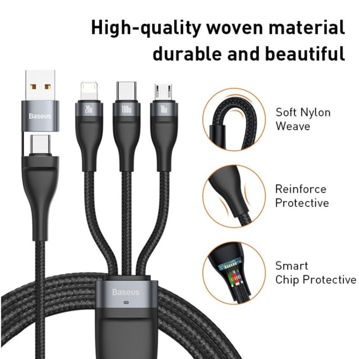 Cáp sạc nhanh 3 đầu CASS030101 Baseus Flash Series Ⅱ PRO Two-for-three Charging Cable U+C to M+L+C 100W, 1.2m- Hàng chính hãng