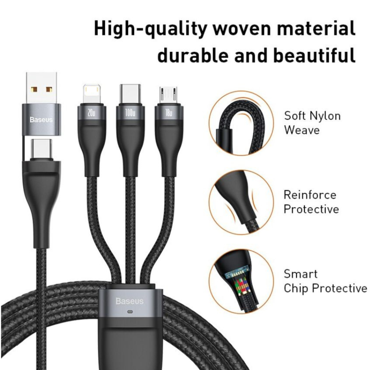 Cáp sạc nhanh 3 đầu CASS030101 Baseus Flash Series Ⅱ PRO Two-for-three Charging Cable U+C to M+L+C 100W, 1.2m, QC 4.0- Hàng chính hãng