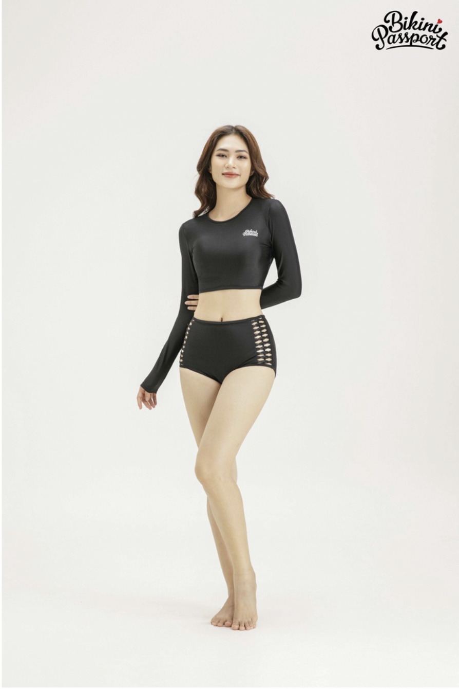 Quần bơi Nữ BIKINI PASSPORT kiểu lưng cao đan dây phối cách điệu 2 bên- màu Đen - BS237_BL