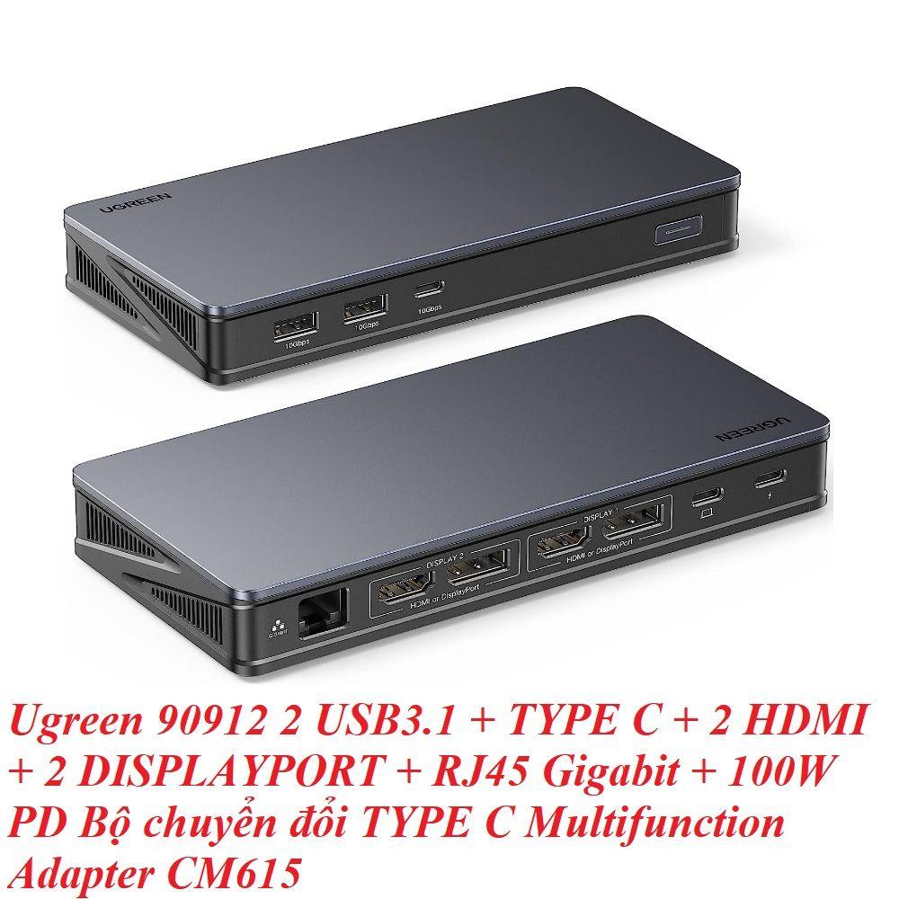 Ugreen UG90912CM615TK ra 2 x USB 3.1 + 1 x USB-C + 2 x HDMI + 2 x DP1 + RJ45 Gigabit + PD Bộ chuyển đổi USB type C - HÀNG CHÍNH HÃNG