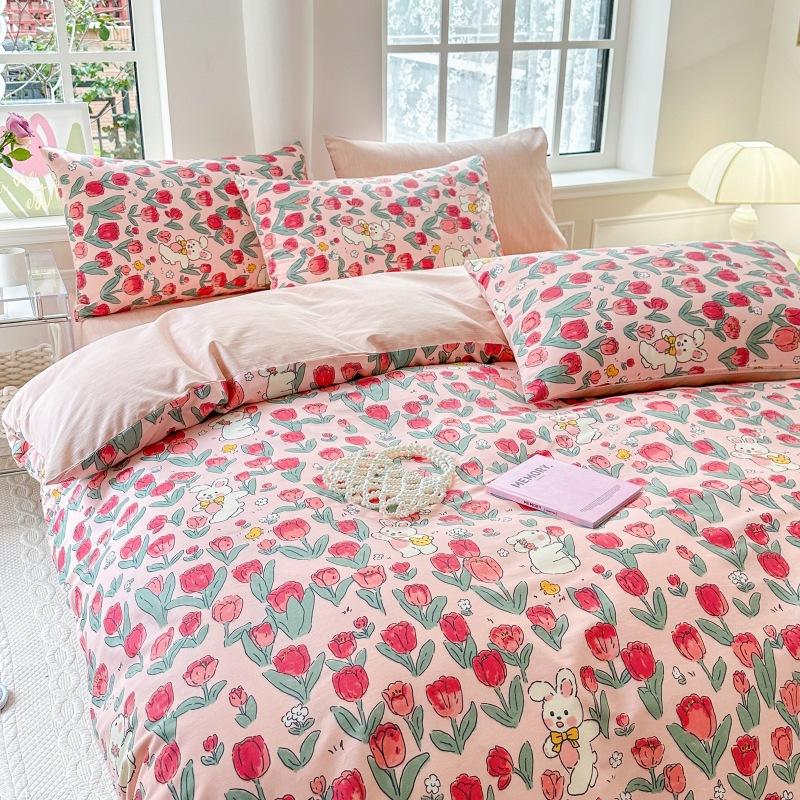 Phong cách mới nhất ins phong cách 100 cotton nguyên chất giường bốn mảnh bộ lưới hoa nhỏ màu đỏ nhỏ tươi phong cách mục vụ chăn ga trải giường ga trải giường được trang bị