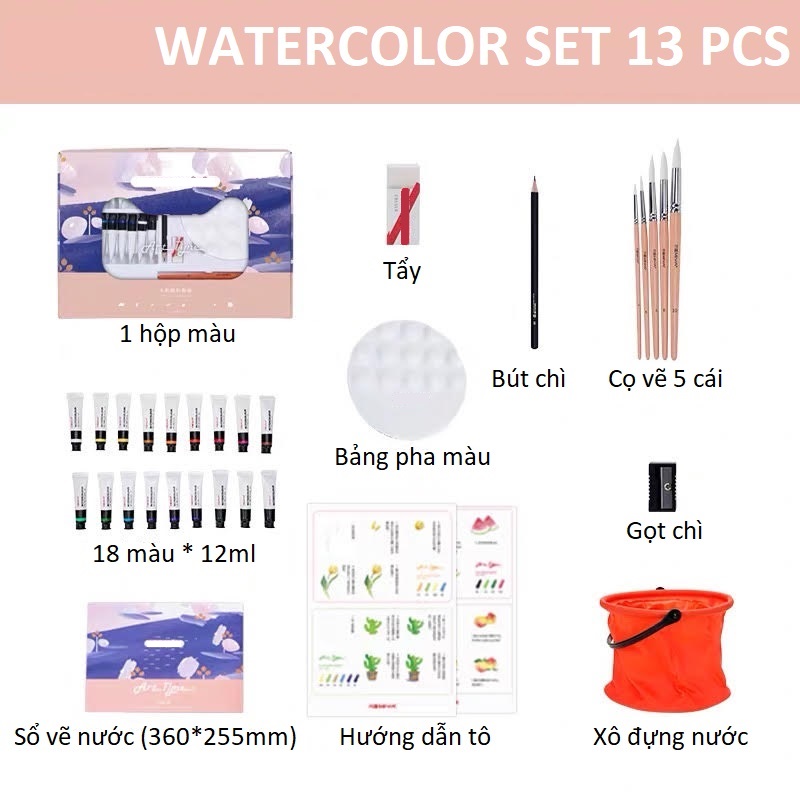 Màu nước dạng tuýp set 18 màu cao cấp đi kèm bộ dụng cụ vẽ tranh màu nước chuyên nghiệp