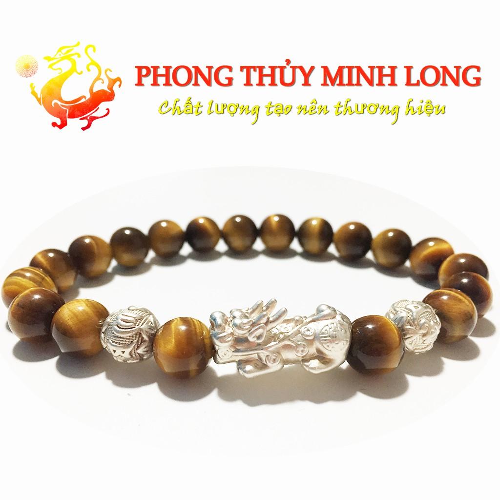 Vòng tay đá mắt hổ Vàng Nâu 5A mix Tỳ Hưu và 2 hạt kim tiền Bạc hợp mệnh Kim và Thổ