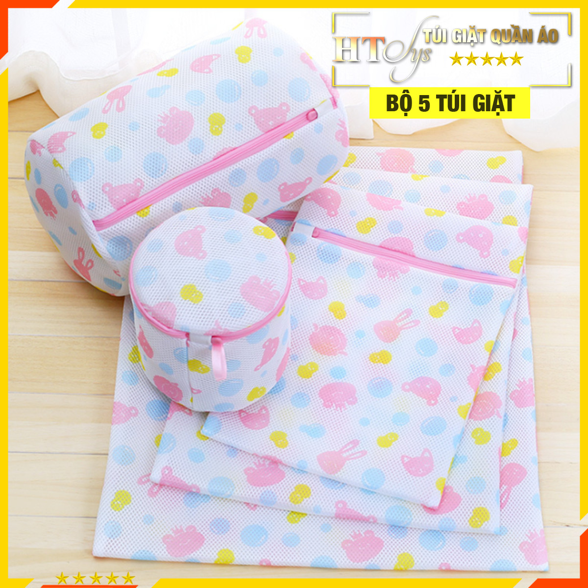 Bộ 5 túi giặt quần áo-HT SYS-Túi giặt đồ lót, tất, bảo vệ quần áo họa tiết đẹp