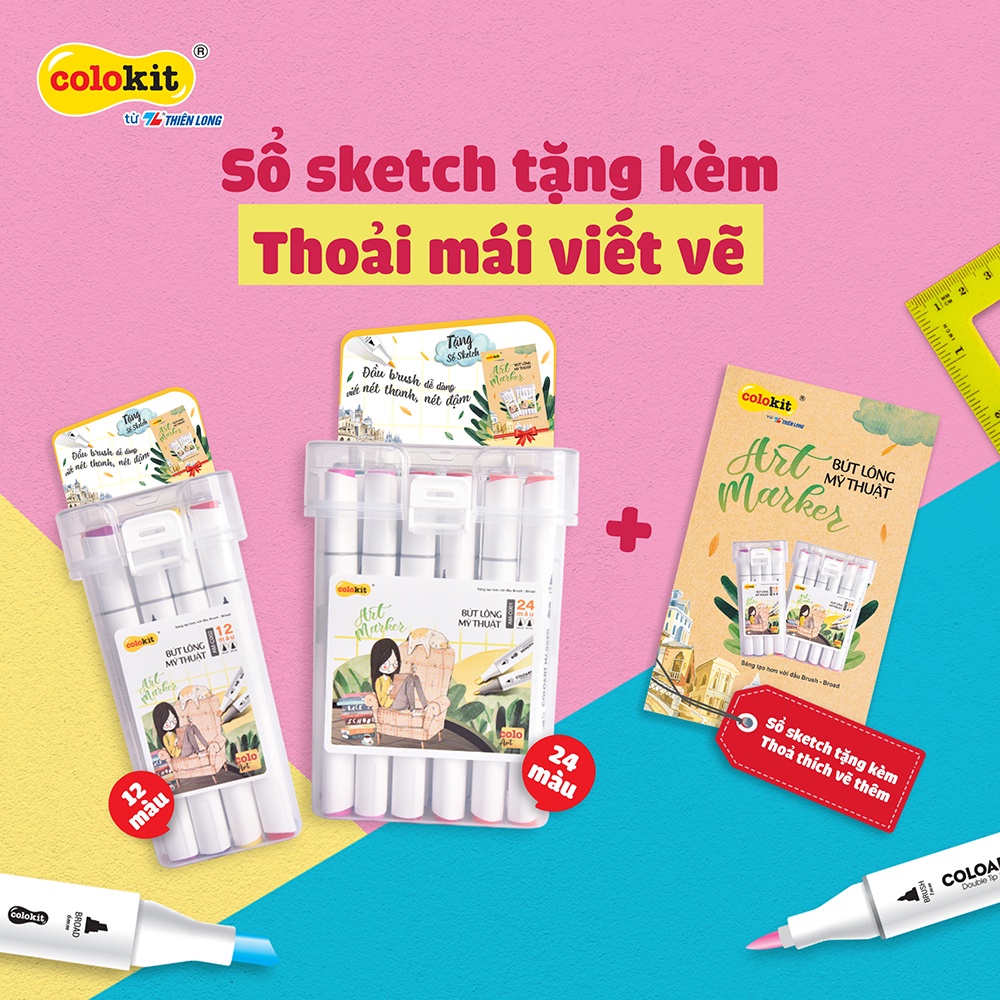 Bút dạ màu Art Marker chuyên nghiệp Thiên Long Colokit Tặng sổ Sketch - Bộ 12/24 màu - Bút màu dạ 2 đầu siêu đẹp dùng caligraphy cho học sinh, họa sĩ và thiết kế