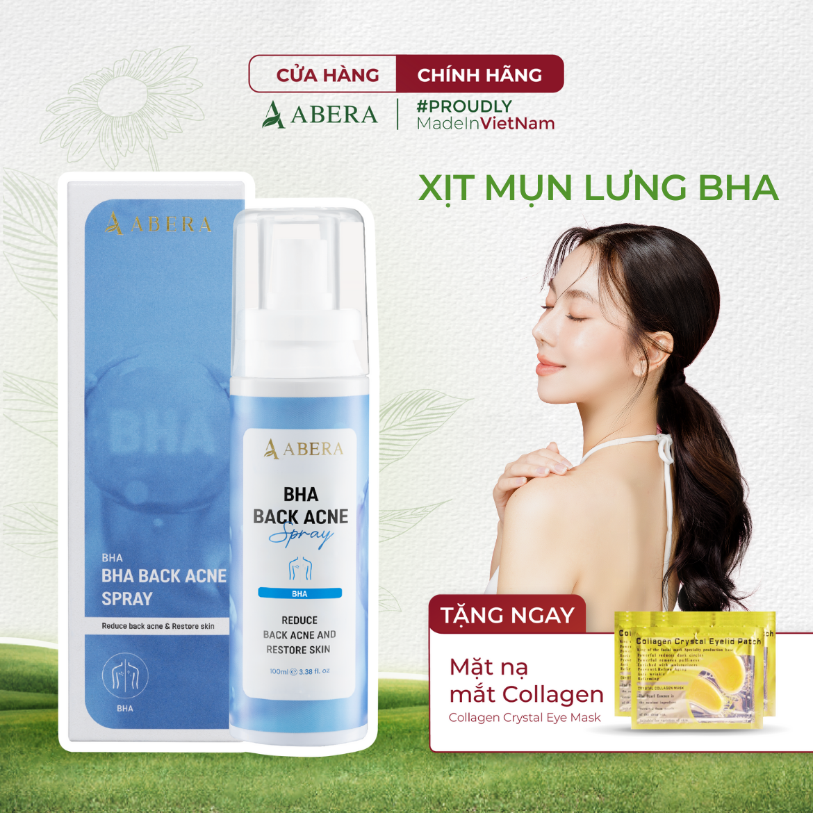 Xịt Mụn Lưng Abera BHA 100ML - Giảm Mụn, Mờ Thâm, Ngừa Mụn Cơ Thể,  Viêm Nang Lông, Dưỡng Sáng Da