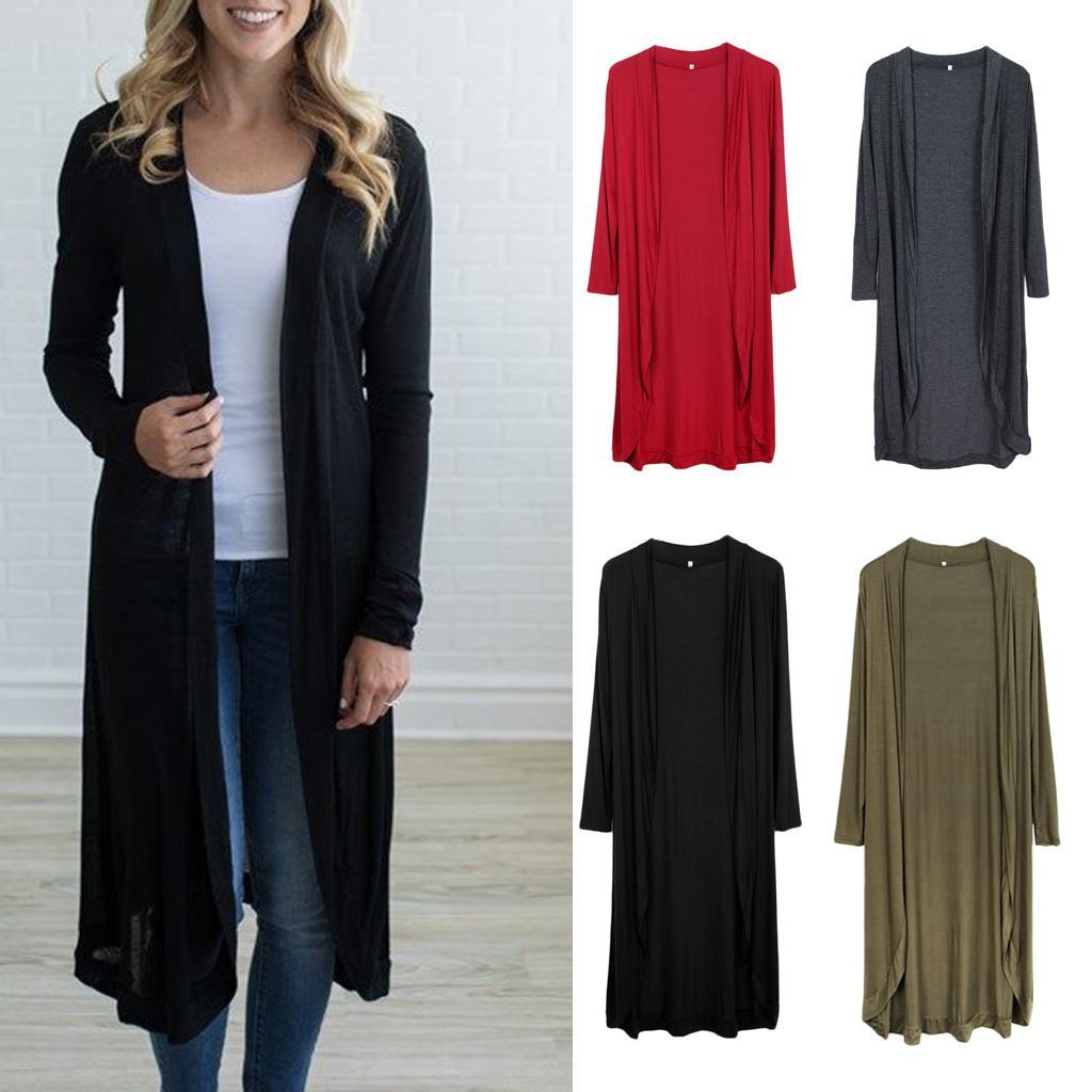 Women's Solid Kimono Cardigan Long Sleeve Loose Knee Length Sweater Blouse
