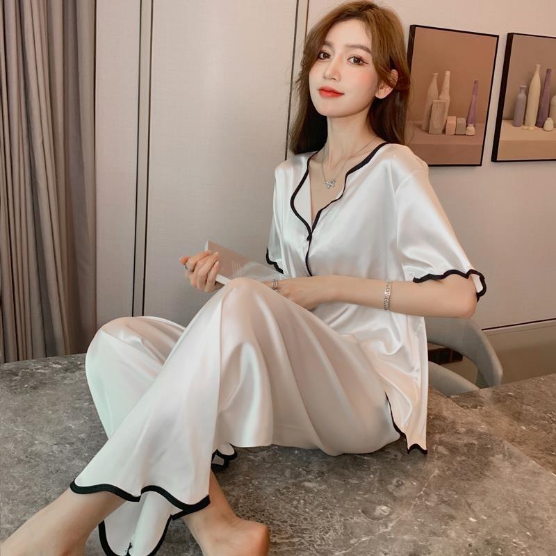 Set Quần Áo Pijama Nữ Ngắn Tay Vải Lụa Cao Cấp Màu Trắng Thanh Lịch Thời Trang STYLE MARVEN - WM SET 015V1