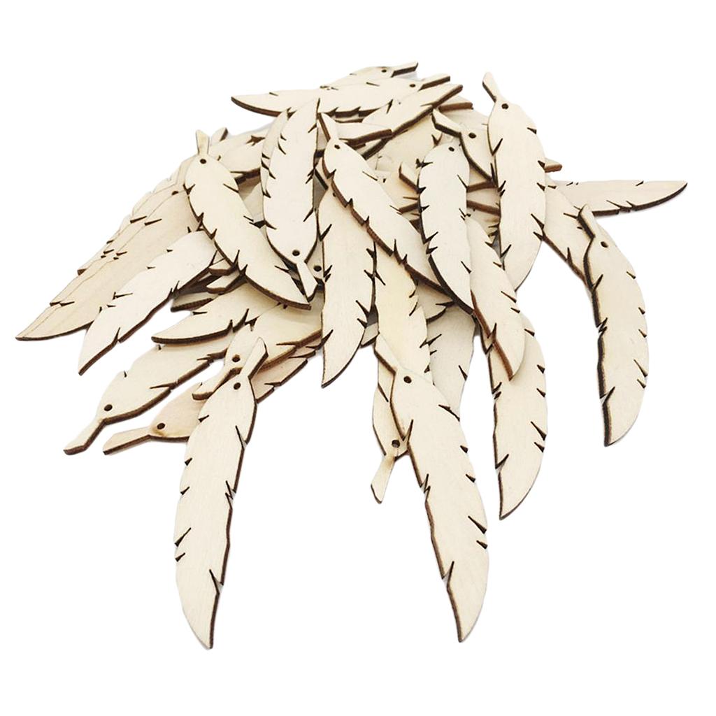 50pcs Natural Unfinished Wood Feather with Hole for DIY Pendants Ornament