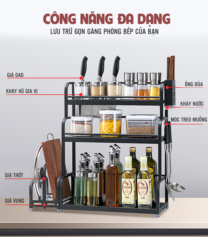 Kệ Gia Vị Thông Minh Đa Năng Lưu Trữ Toàn Bộ Dụng Cụ Nhà Bếp Gọn Gàng Khoa Học, Inox 304 Sơn Tĩnh Điện 5 Lớp