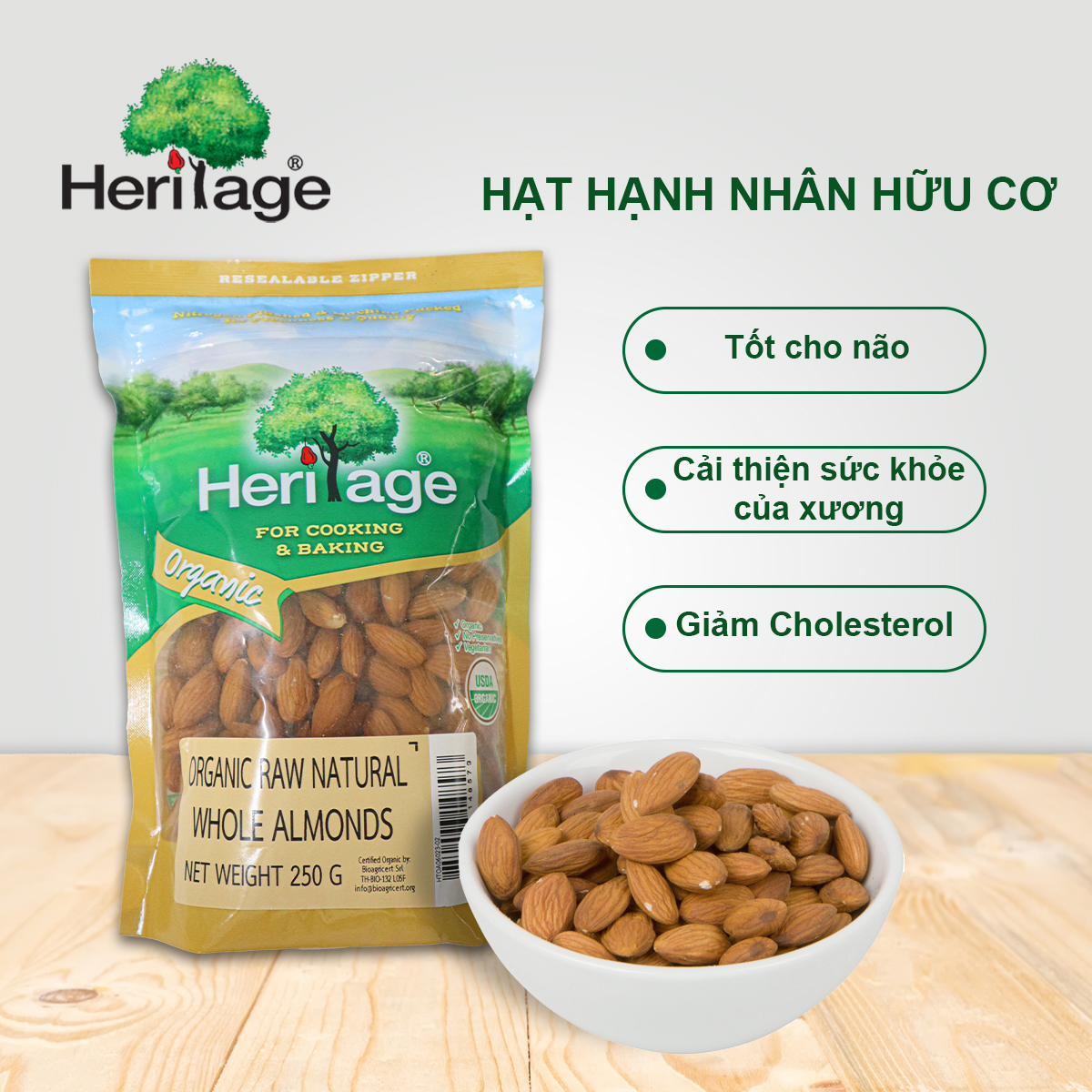 HẠNH NHÂN HỮU CƠ NGUYÊN HẠT- OGANIC RAW NATUAL WHOLE ALMONDS - 250gr