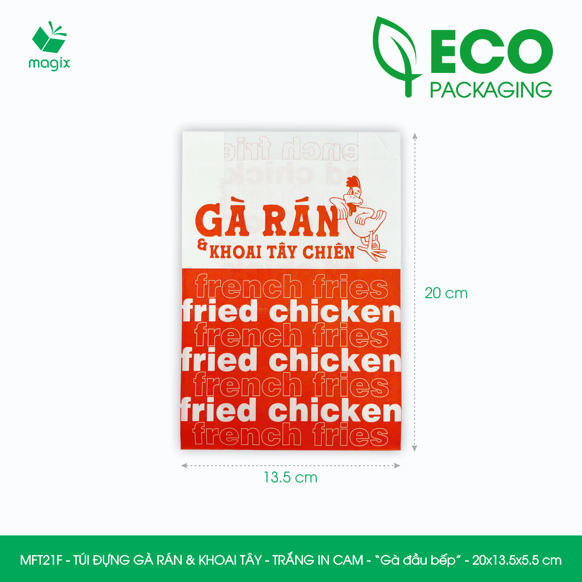 MFT21F - 20x13.5x5.5 cm - 100 Túi giấy MG đựng gà rán và khoai tây chiên, túi đựng thực phẩm