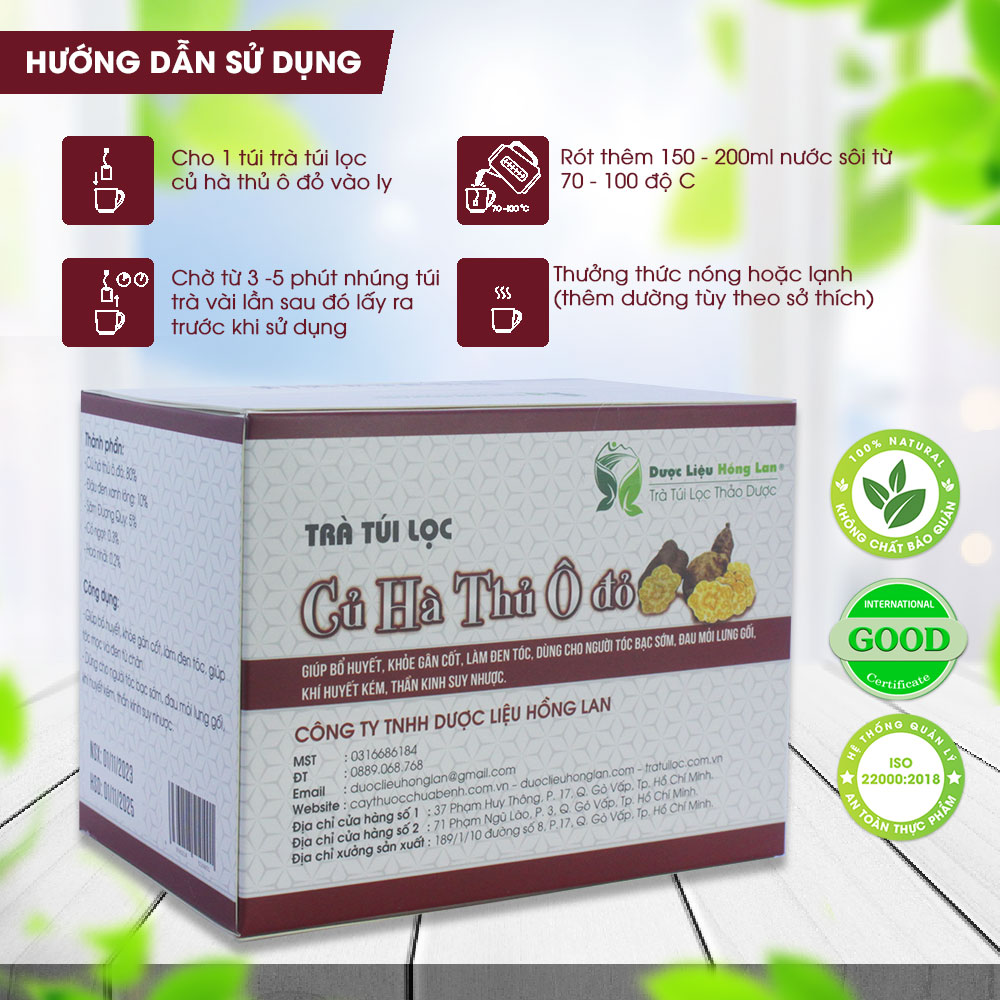 Trà Củ Hà Thủ Ô Đỏ túi lọc hộp 60g Dược Liệu Hồng Lan - Giúp bổ huyết, khỏe gân cốt, làm đen tóc, Dùng cho người tóc bạc sớm, đau mỏi lưng gối, khí huyết kém, thần kinh suy nhược.