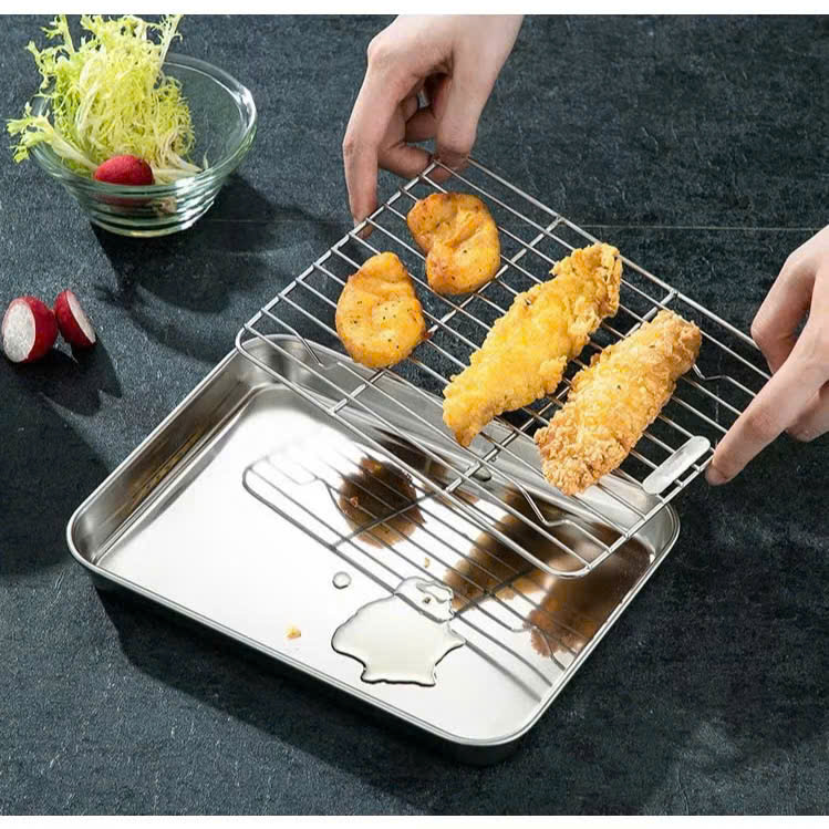 Khay Nướng Inox 304 Dày Dặn Kèm Vỉ Hấp Hình Chữ Nhật Dùng Nướng Bánh, Thực Phẩm - HÀNG CHÍNH HÃNG MINIIN
