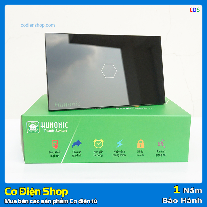 Công tắc cảm ứng  bằng điện thoại HUNONIC 1 Nút màu đen - WIFI + HẸN GIỜ