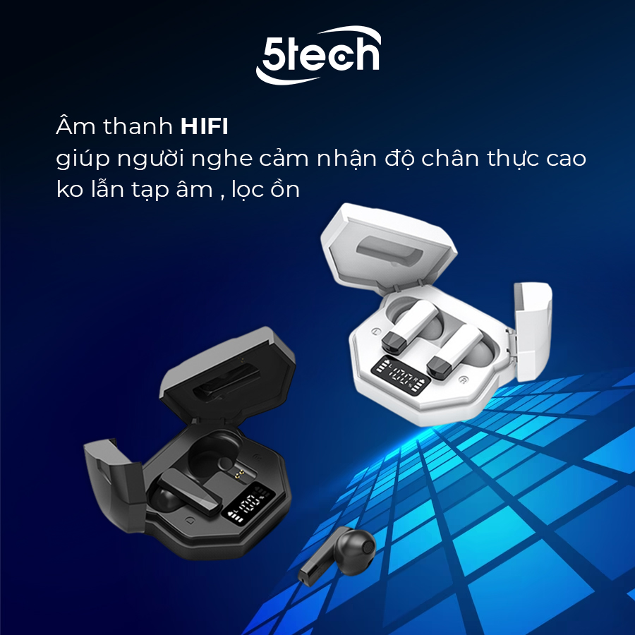 Tai nghe bluetooth 5TECH không dây hàng chính hãng, tai phone nhét tai TWS 5.0 kết nối nhanh, ổn định, màn hình LED nghe nhạc chơi game âm thanh cực đỉnh 