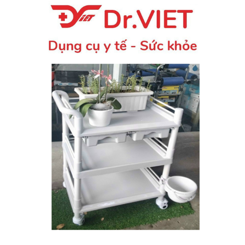 Xe đẩy dụng cụ tiêm nhựa ABS Loại 3 tầng 2 hộc nhỏ, 1 chậu (M)