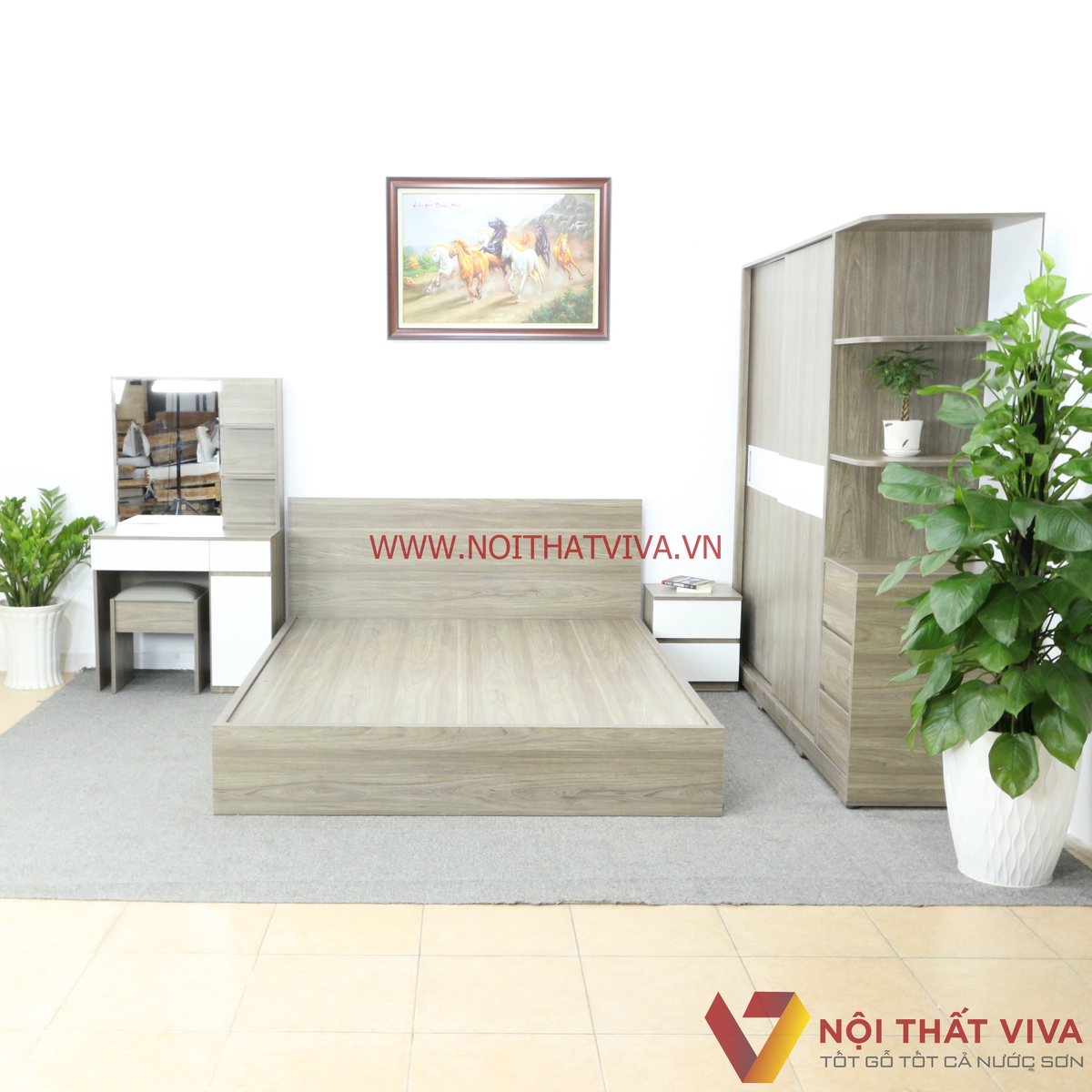 Bộ Combo Phòng Ngủ Gỗ MDF Melamine Màu Xám Phối Trắng Đẹp Hiện Đại