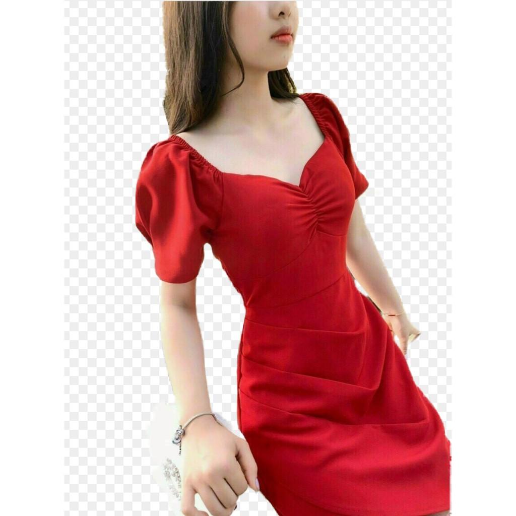 Đầm đỏ tay phồng xếp ly siêu xinh