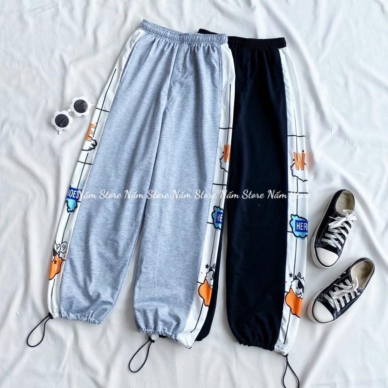 Quần Jogger Dài Ống Rộng In Hình HEROES Dây Rút Ở Gấu - Kiểu quần viền Line Ống Suông cạp cao phong cách hàn quốc