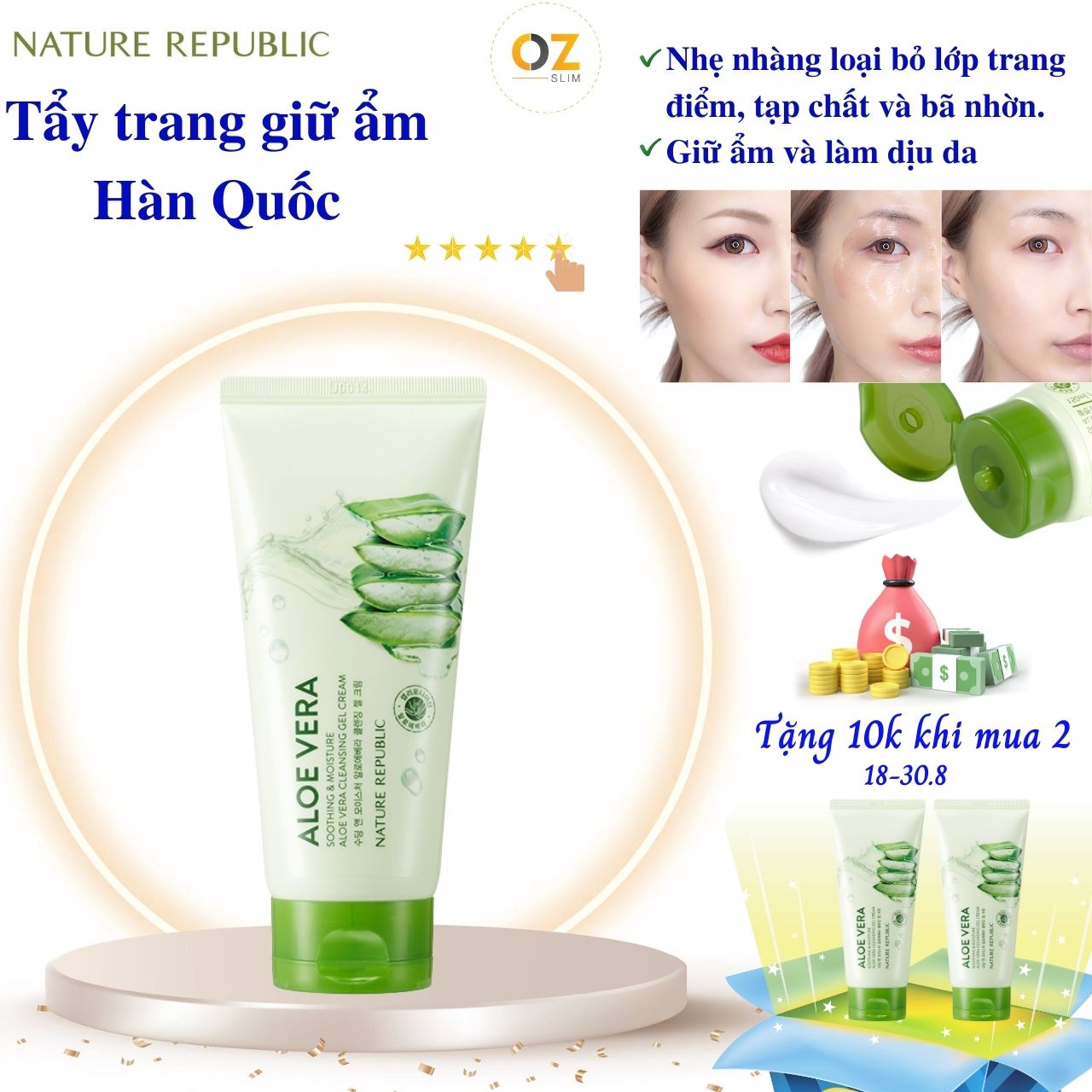 Kem tẩy trang cho mọi loại da Hàn Quốc Nature Republic Soothing &amp; Moisture Aloe Vera Cleansing Gel Cream