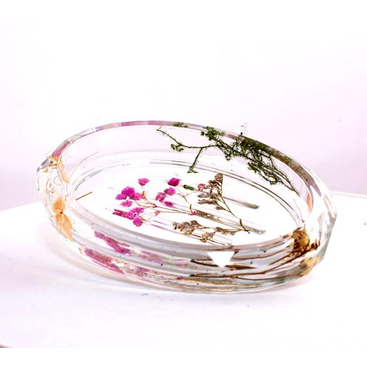 Khay xà bông xà phòng hình oval handmade hoạ tiết hoa khô resin epoxy trong suốt