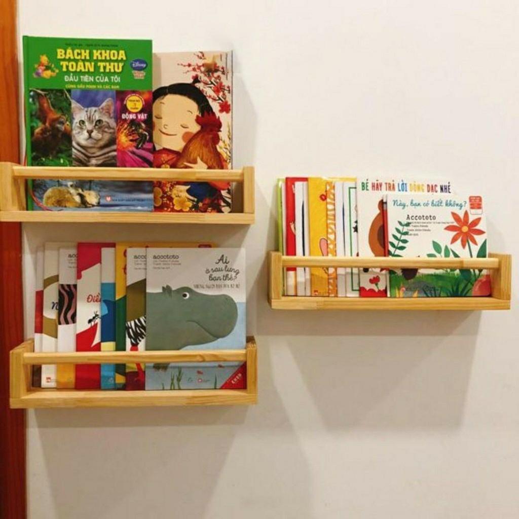 Kệ đựng đồ lưu niệm cây cảnh mini gia vị , giá sách treo tường trang trí gỗ thông tự nhiên kích thước 50x12x10