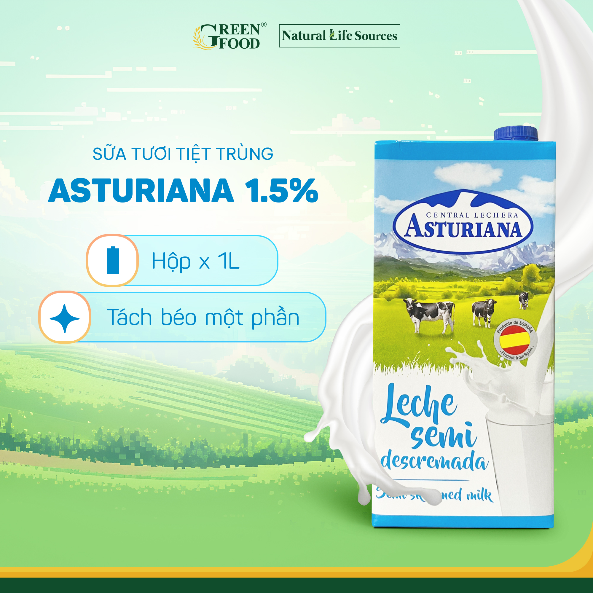 Sữa Tươi Tiệt Trùng ASTURIANA tách béo 1 phần 1L - Béo ít 1,5%, Không Đường Phù hợp Ăn Kiêng, Nhập khẩu từ Tây Ban Nha