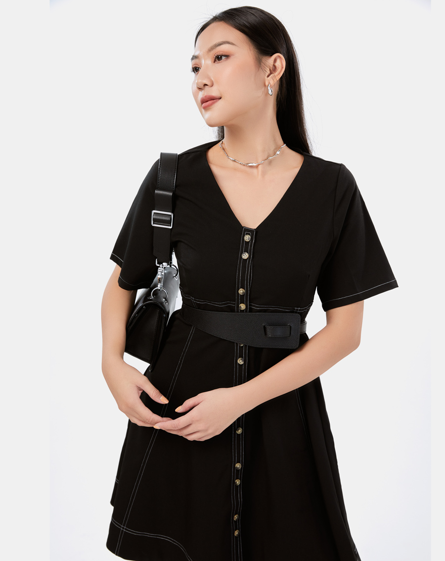 Đầm Mini Nữ Thời Trang Nữ JUNO Cổ V Dáng A Chạy Chỉ Viền JNDLU016