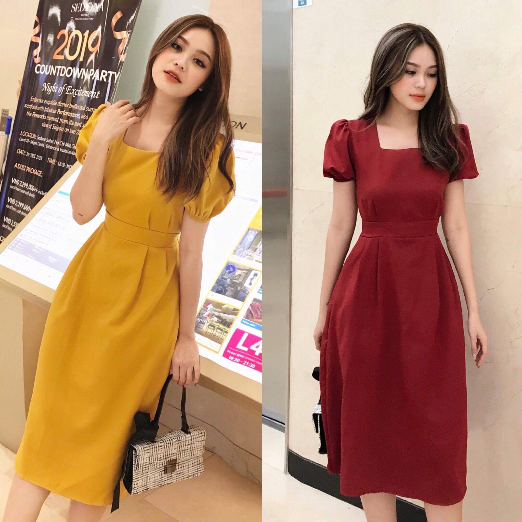 Đầm cổ vuông buộc dây eo phong cách tiểu thư xinh xắn - nhiều size và màu, form dáng chuẩn