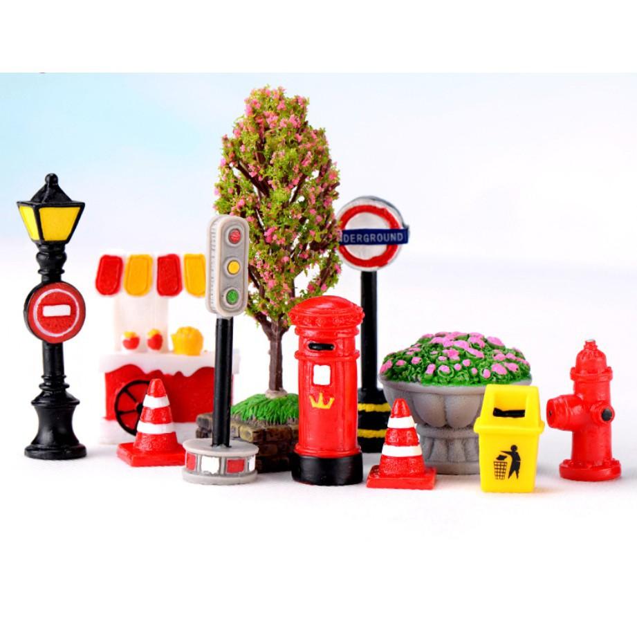 Mô hình thùng rác công cộng, cột nước cứu hỏa, cột đèn giao thông trang trí tiểu cảnh, nhà búp bê, bonsai