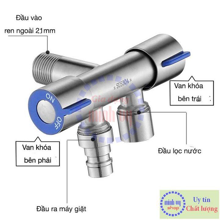 Van Nước 2 cổng xả có điều khiển riêng biệt dạng vòi chia nước - đầu ra 21mm, Chất liệu bằng Inox SUS304 -VC2xanh90