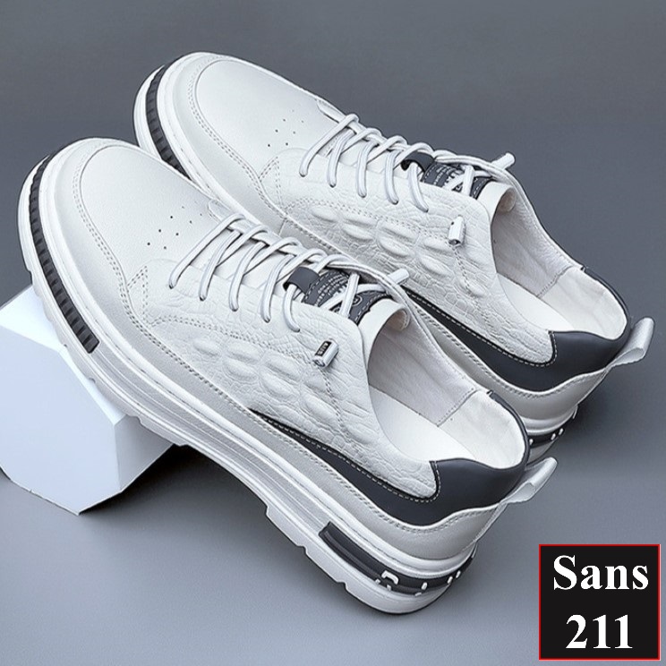 Giày thể thao nam độn đế 6cm Sans211 sneaker da bò thật tăng chiều cao đẹp màu trắng có size nhỏ 37 vân cá sấu full box