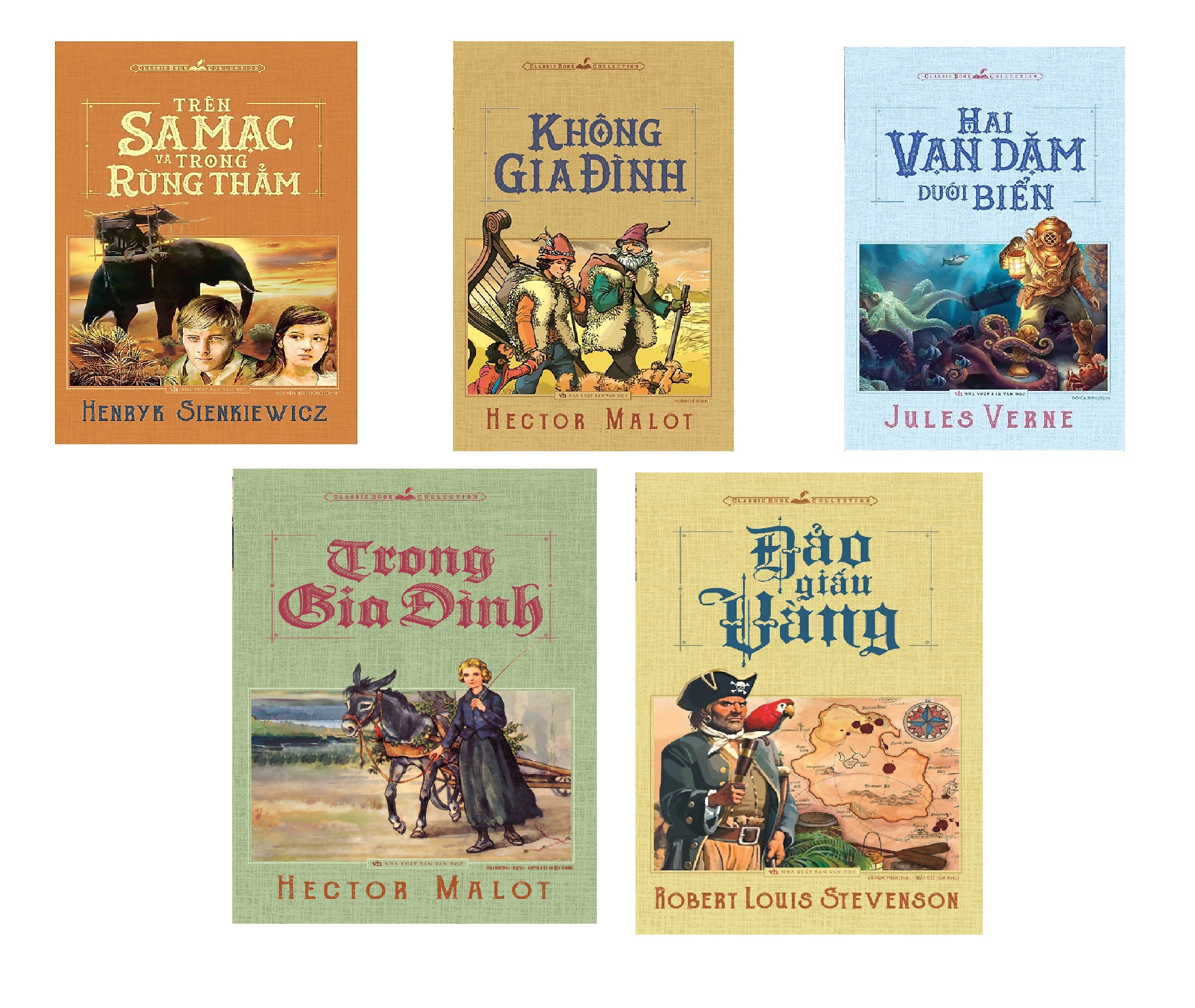 Combo 5 cuốn: Trên sa mạc và trong rừng thẳm + không gia đình + Trong Gia đình + hai vạn dặm dưới đáy biển + Đảo giấu vàng