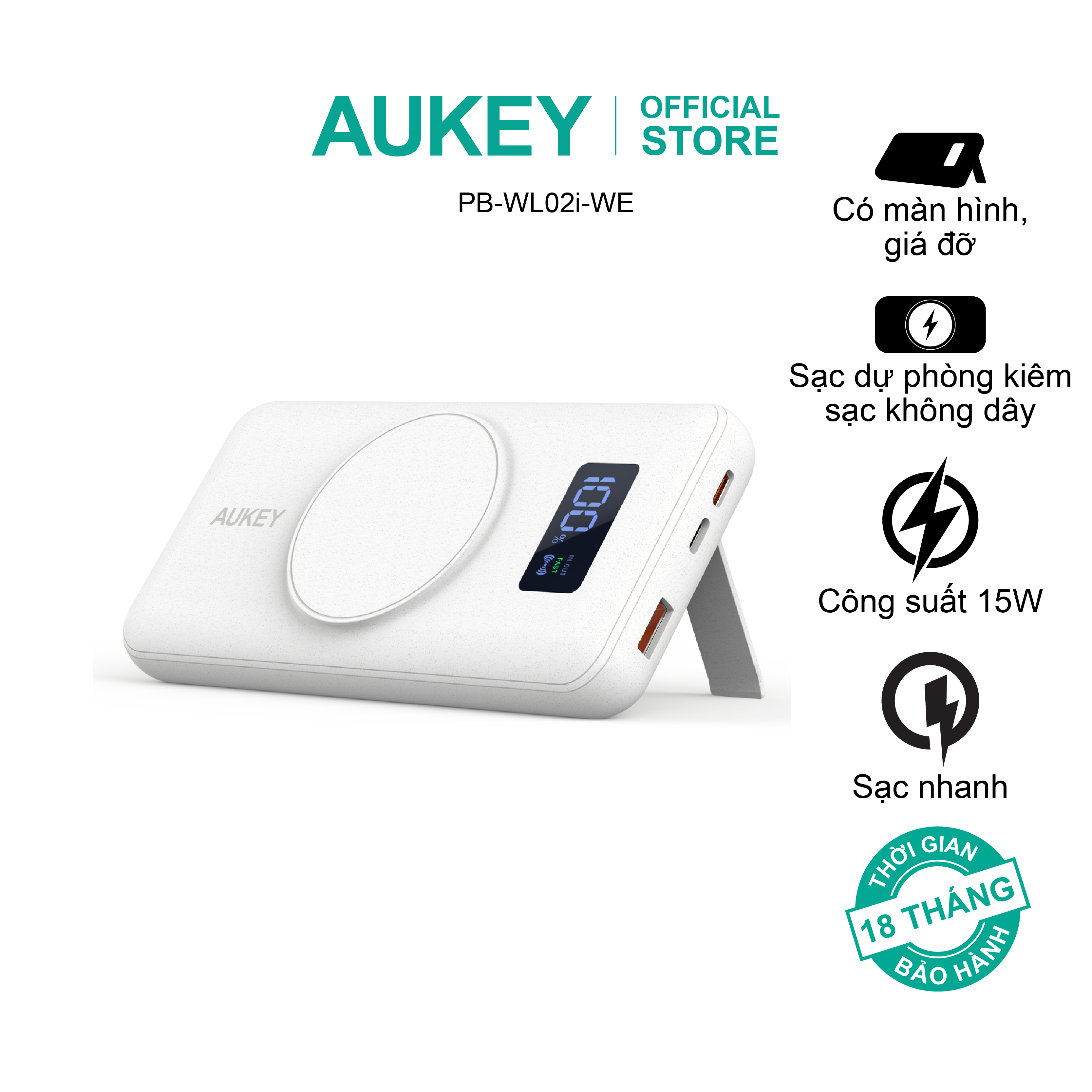 Pin sạc dự phòng kiêm sạc không dây Aukey 10000mAh 15W, hàng chính hãng