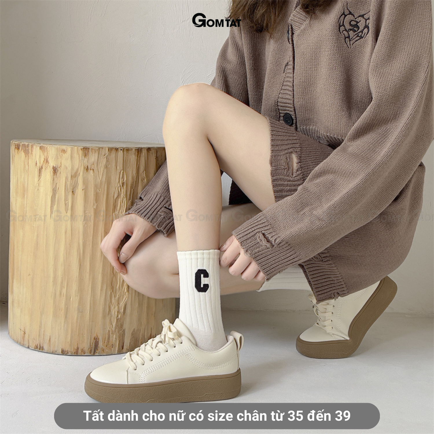 Tất vớ nữ cổ cao cao cấp GOMTAT mẫu chữ C, chất liệu cotton mềm mại, thấm hút, thoáng khí - PO-COCAO-C-3012-1DOI