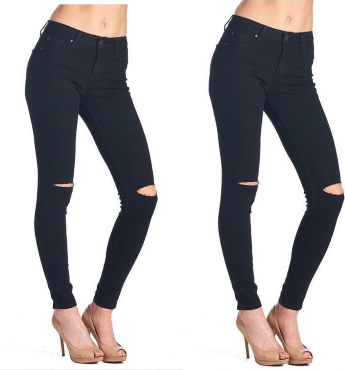 Quần jean dài đen tuyền big size co dãn mạnh vải jean mềm lưng cao 2700 có rách gối