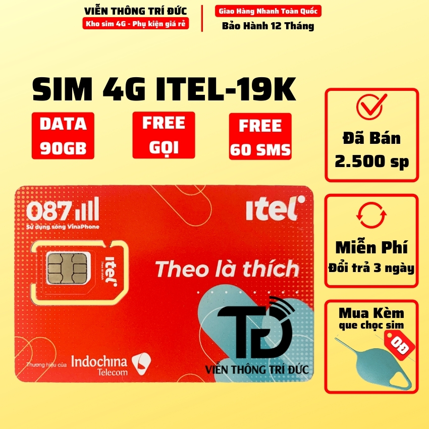 Hàng Chính Hãng - Sim 4G iTelecom May77, Data 90Gb/Tháng, Gọi Miễn Phí, Free 60 tin nhắn, Sim indochina v77 - Mạng Vinaphone giá rẻ