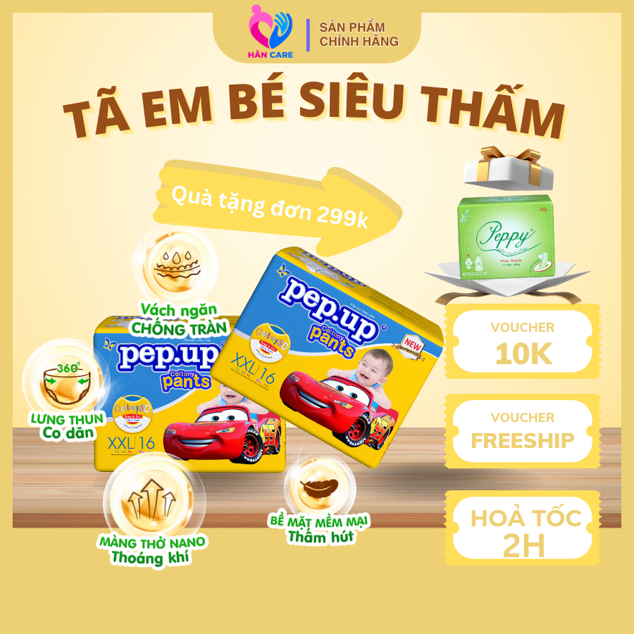 Tã/Bỉm Quần Em Bé Pep.up Cottony 3D Gói Trung Siêu Mềm Mại, Siêu Khô Thoáng, Kháng Khuẩn Size S/M/L/XL