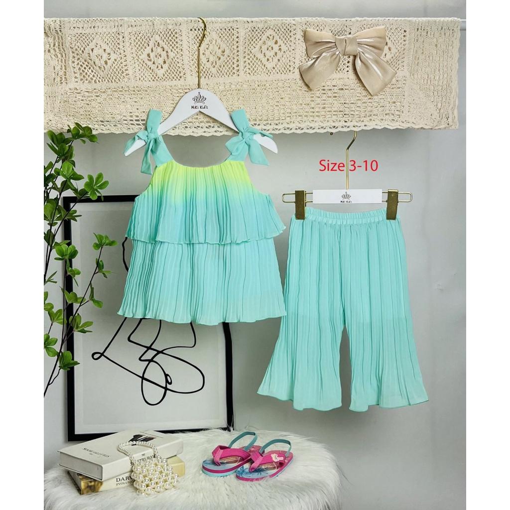 Quần áo bé gái, Đồ bộ mùa hè cho bé gái hai dây nơ màu sắc cầu vồng size 12-35kg hàng thiết kế cao cấp