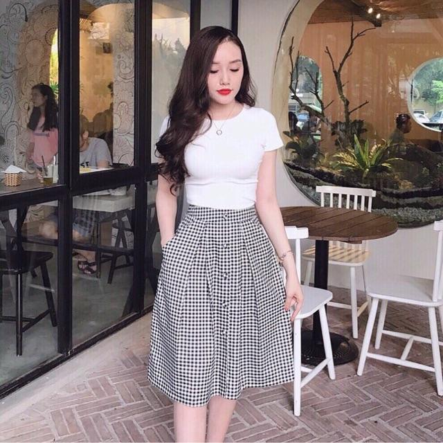 Chân váy kẻ sọc xoè dài. Hàng loại 1