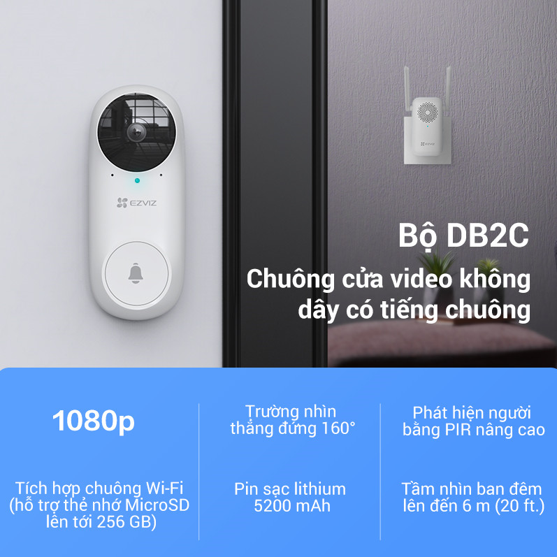 Bộ Chuông EZVIZ WI-FI DB2C, 1080p, Không Dây, Kèm Chuông Báo, Pin xạc 5200mAh--Hàng Chính Hãng