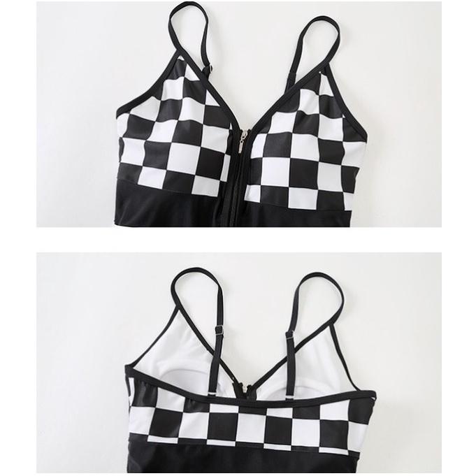 Bikini, Đồ Bơi Đi Biển Liền Mảnh Caro Trắng Đen Kèm Áo Choàng