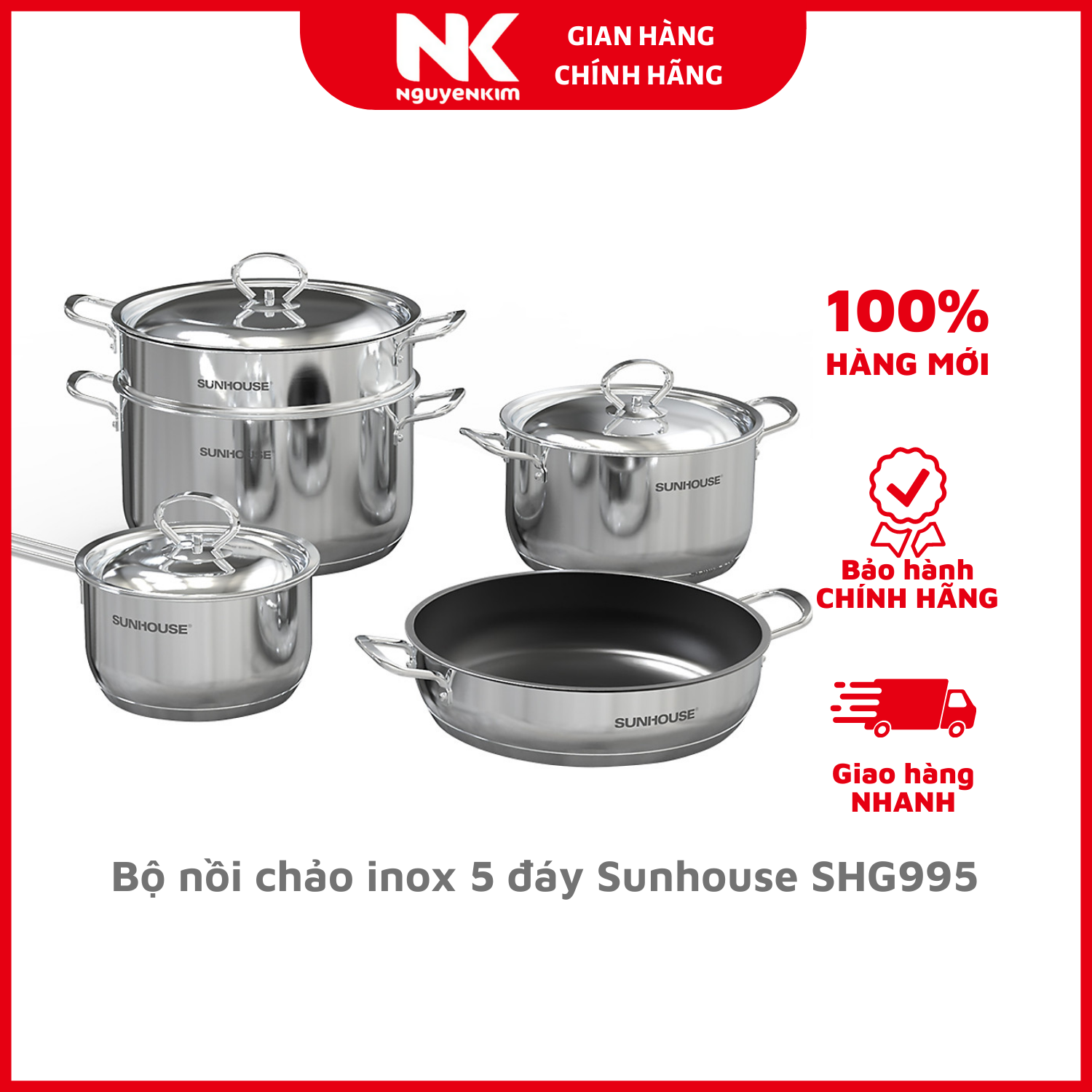 Bộ nồi chảo inox 5 đáy Sunhouse SHG995