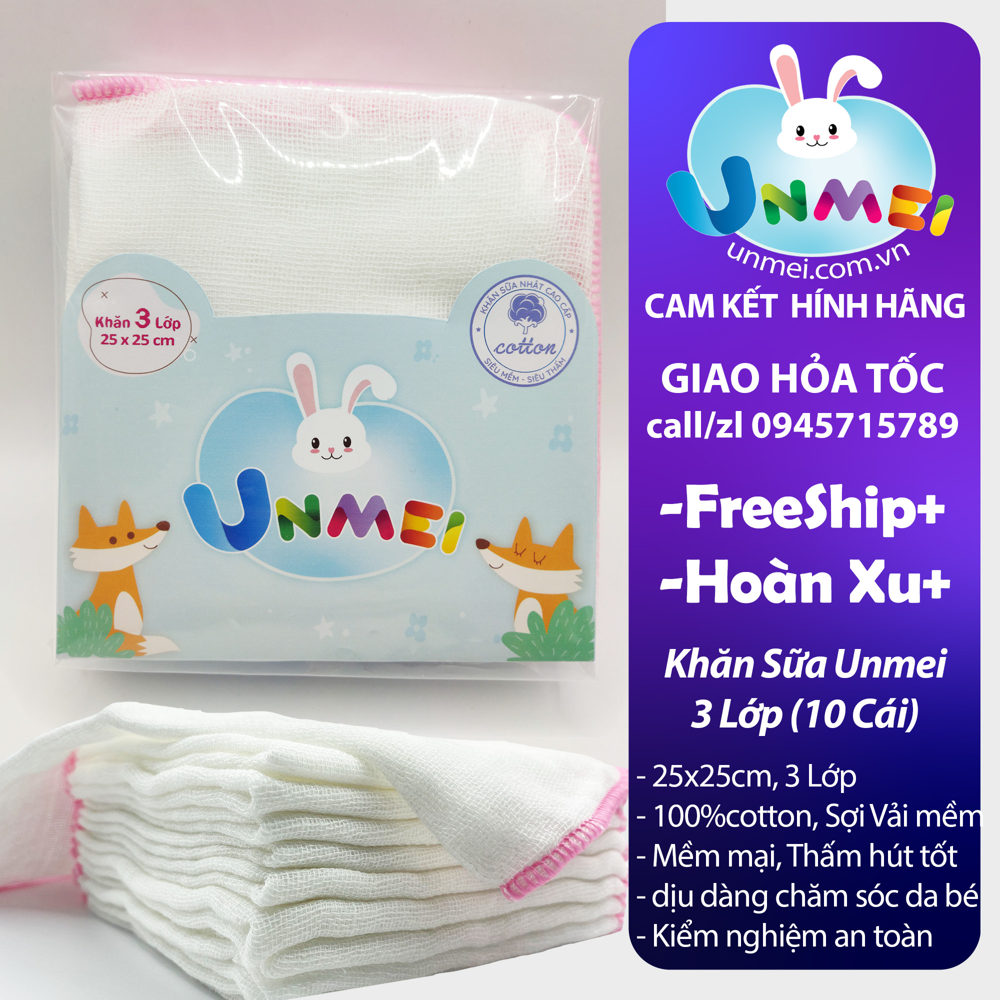 Bịch 10 Khăn Sữa Unmei 3 Lớp, 4 Lớp, 6 Lớp Sợi mịn, 100% Cotton mềm mại, thấm hút tốt, Hàng Xuất Nhật chất lượng cao (đồ dùng vệ sinh cho bé)