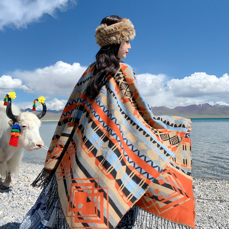 Khăn Áo Choàng Len Dạ Boho Họa Tiết Thổ Cẩm Dày Ấm